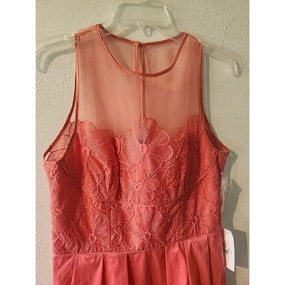 Women’s Maggie London Size 12 NWT Sleeveless Sheer Floral CocktailDress In Coral - Picture 2 of 7